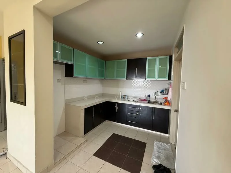 Kitchen features: L-shaped kitchen layout, light green upper cabinets, dark wood lower cabinets, white tiled backsplash, ceramic tile flooring, single-bowl stainless-steel sink, chrome pull-down faucet, built-in countertop, recessed downlights, window above sink, kitchen appliances visible, countertop with space for small appliances; style: modern.