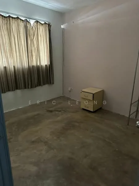 Room features: bare concrete flooring, light beige painted walls, curtains in light brown, single bedside table, window with sheer curtains, no visible lighting fixtures, no visible furniture, empty room; style: minimalist.