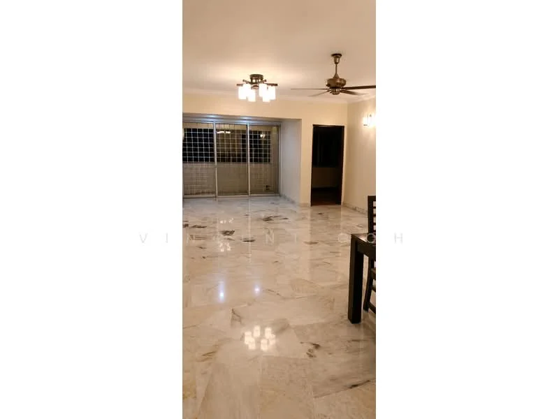 Living features: marble flooring, 5-blade ceiling fan with light, sliding glass door, floor-to-ceiling windows, neutral painted walls, recessed downlights, dining table, open layout; style: modern.
