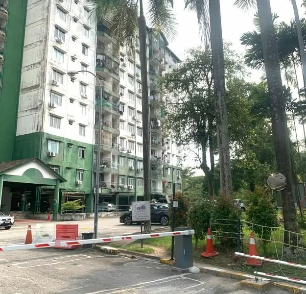 Exterior type: low-rise apartment block; features: green painted facade, multiple balconies, parking area, security barrier at entrance, surrounded by palm trees, manicured landscaping, visible vehicles in parking area, entrance with signage; style: modern.