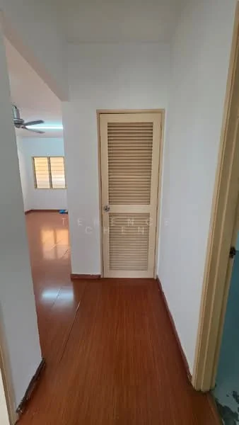Hallway features: wood laminate flooring, white painted walls, sliding louvered door, ceiling fan, natural light from windows; style: modern.