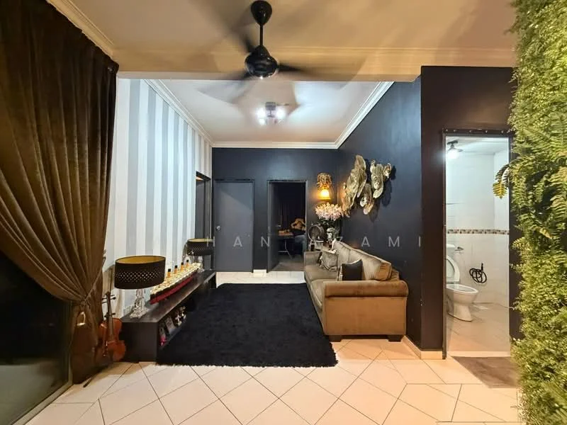 Living features: beige fabric sofa, black area rug, wall-mounted decor, dark accent wall, striped wallpaper, ceiling fan, recessed lighting, decorative wall art, large window with curtains, tile flooring; style: modern. Bathroom features: white toilet, sink with chrome faucet, tile flooring, wall tiles, mirror, shower area.