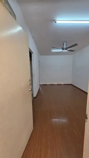 Room features: wooden flooring, white painted walls, ceiling fan, LED ceiling lights, door, door frame, empty space.