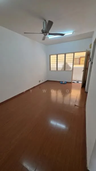 Room features: white painted walls, laminate flooring, 5-blade ceiling fan, floor-to-ceiling window, door leading outside, natural light from window, empty room.