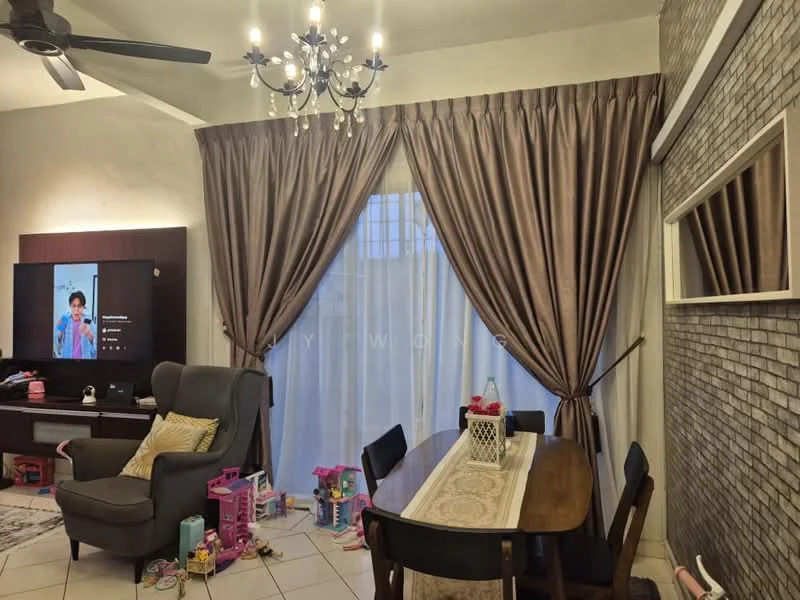 Living features: chandelier with multiple bulbs, 5-blade ceiling fan, grey fabric armchair, wooden dining table, upholstered dining chairs, decorative mirror, light brown curtains, sheer white curtains, textured accent wall with stone cladding, TV console with wall-mounted TV, children's toys scattered on the floor, area rug with geometric pattern, tile flooring; style: modern.