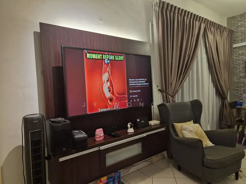 Living features: grey fabric armchair, wooden TV console, wall-mounted TV, decorative wall art, curtains in light fabric, stone accent wall, floor tiles in light color, air conditioning unit, decorative items on console; style: modern.