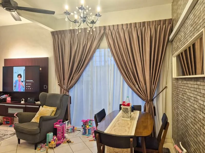 Living features: chandelier, 5-blade ceiling fan, floor-to-ceiling windows, sheer curtains, heavy drapes, textured accent wall with stone cladding, light-colored tiled flooring, wooden dining table, upholstered armchair, decorative mirror, children's toys scattered on the floor; style: contemporary.