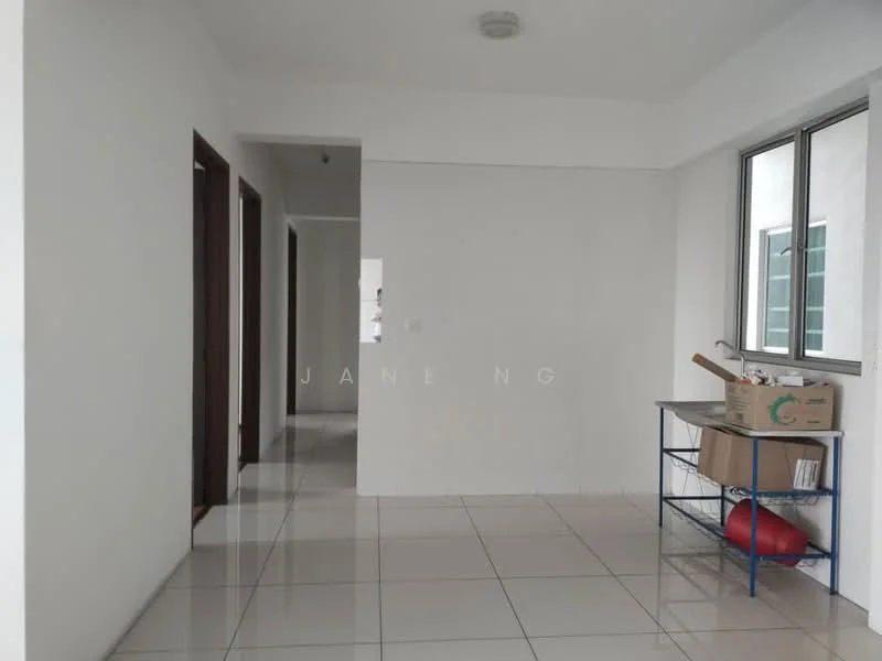 Room features: white painted walls, glossy ceramic tile flooring, ceiling light fixture, windows with metal frames, open space layout, cardboard boxes, metal shelving unit.