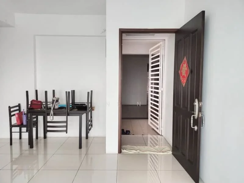 Room features: white painted walls, glossy tile flooring, dark wooden door, light-colored door frame, dining table with four black chairs, red decorative wall hanging, open doorway leading to another room, neutral color scheme; style: modern.