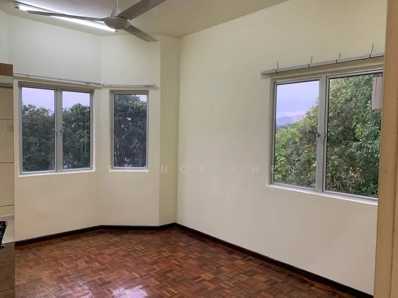 Room features: white painted walls, parquet wood flooring, floor-to-ceiling windows, ceiling fan, corner windows, natural light, view of greenery; view: garden.