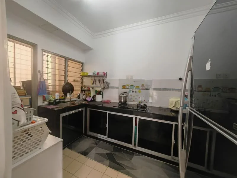 Kitchen features: black granite countertop, stainless-steel sink, chrome pull-down faucet, built-in gas stove, black cabinetry, white tiled backsplash, refrigerator, window with grid pattern, tile flooring, kitchen utensils on countertop, laundry basket, wall-mounted shelves; style: modern.