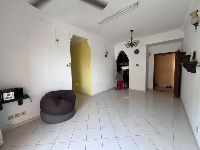 Living features: white painted walls, tile flooring, ceiling fan, chandelier, arched doorway, built-in shelf, bean bag chair, open layout to kitchen, natural light from windows; style: modern.