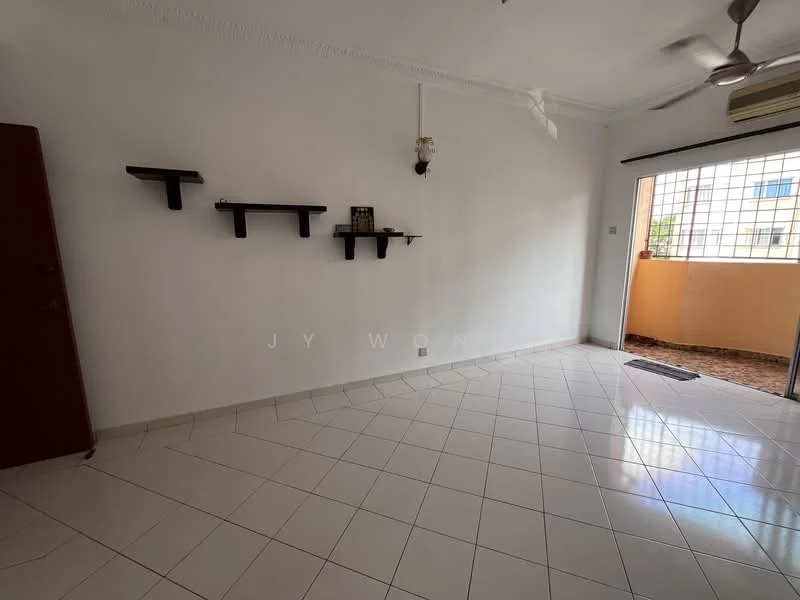 Room features: white painted walls, white ceiling, ceiling fan, tiled flooring, open layout, shelves mounted on wall, doorway leading to balcony, window with grid, light source from window, neutral color scheme; style: modern.