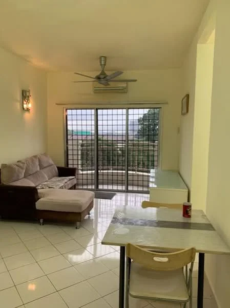 Living features: beige fabric sofa, wooden frame sofa, ceiling fan, wall-mounted air conditioning unit, floor-to-ceiling sliding glass door, tile flooring, white painted walls, glass dining table, plastic dining chair, decorative wall sconce, view of outdoor space; style: modern; view: garden.