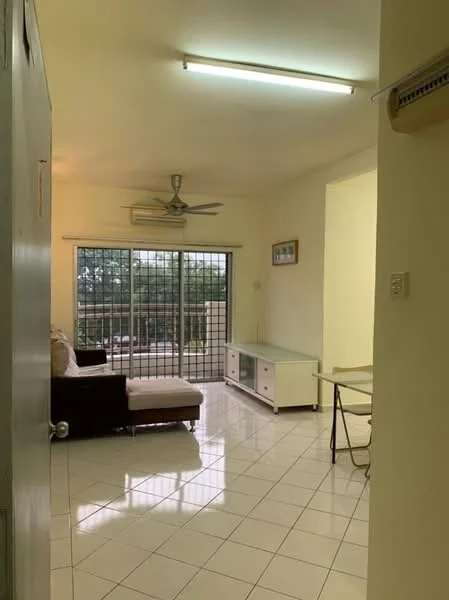 Living features: 3-seater fabric sofa in brown, coffee table, TV console, wall-mounted TV, floor-to-ceiling windows, sliding glass door, white tiled flooring, ceiling fan, recessed lighting, light-colored walls, decorative wall art, curtains; style: modern; view: garden.