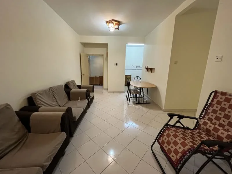 Living features: light-colored painted walls, white tiled flooring, 3-seater fabric sofa in beige, 2-seater fabric sofa in brown, wooden dining table, 2 dining chairs, reclining chair with checkered pattern, ceiling light fixture; style: minimalist.
