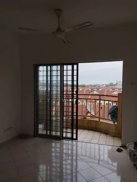 Room features: white painted walls, tile flooring, ceiling fan, sliding glass door, balcony with railing, floor-to-ceiling windows, view of rooftops, natural light from windows; style: modern; view: city.