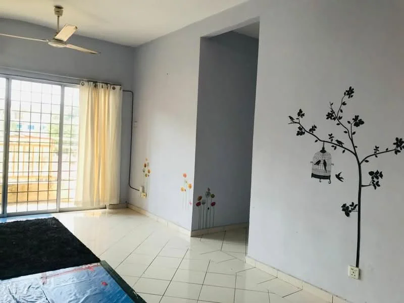 Living features: white painted walls, tile flooring, 5-blade ceiling fan, floor-to-ceiling windows, sliding glass door, sheer curtains, decorative wall decals, black area rug; style: modern; view: city.