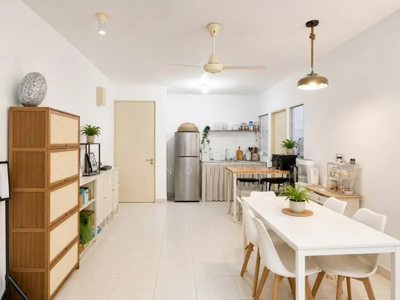 Dining features: white dining table, 4 white dining chairs, ceiling fan, pendant light fixture, light-colored tiled flooring, cream painted walls, wooden sideboard, stainless-steel fridge, kitchen counter with storage, open shelving with kitchenware, decorative plant on table, decorative plant on sideboard; style: modern.