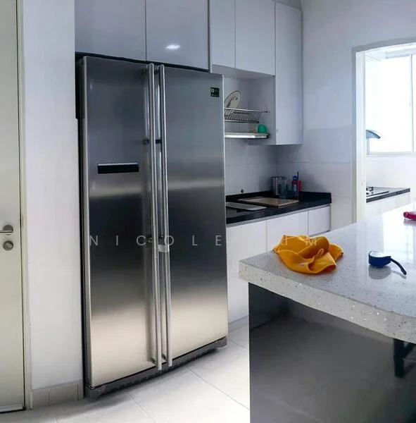 Kitchen features: stainless-steel side-by-side fridge, black countertop, white cabinetry, sink, kitchen island, white tiled backsplash, window with natural light, kitchen utensils on countertop, dish rack, grey flooring; style: modern.