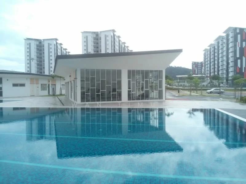 Exterior type: clubhouse; features: modern architectural design, large glass windows, flat roof, swimming pool with tiled surface, surrounding residential buildings, manicured landscaping, outdoor deck area, poolside loungers; style: modern.