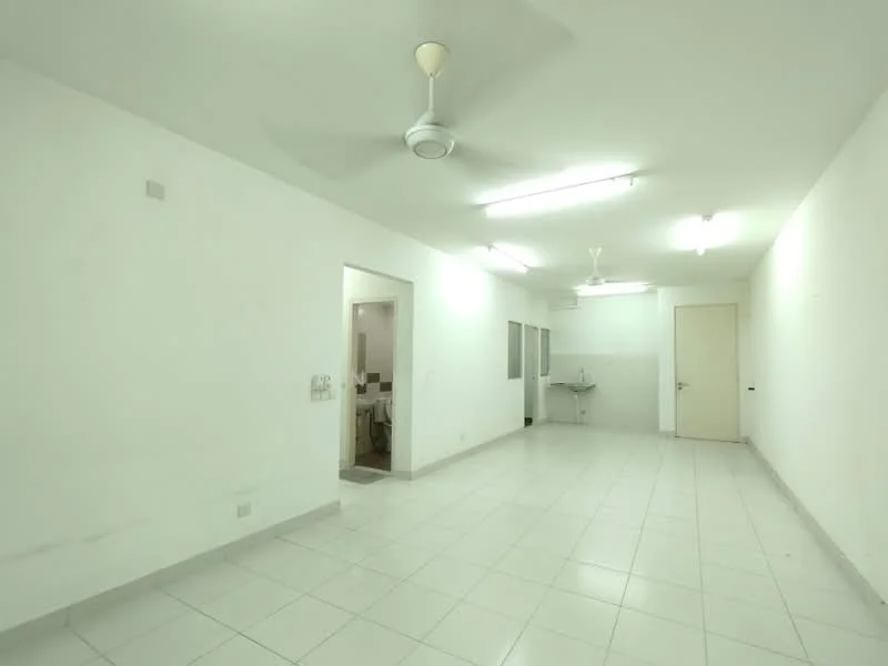 Room features: white painted walls, white tiled flooring, ceiling fan, fluorescent lighting, doorway leading to another room, window, sink, neutral color scheme; style: minimalist.