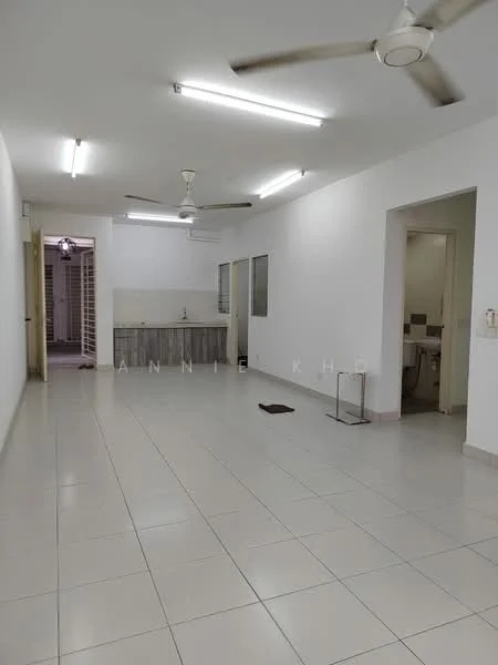Room features: white painted walls, tile flooring, recessed LED downlights, 2 ceiling fans, kitchen area with countertop, window, doorway leading to another room, open layout; style: modern.