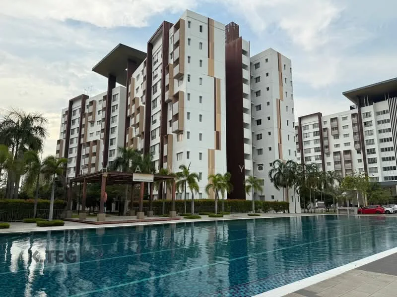 Exterior type: high-rise condominium; features: white painted facade, brown accent panels, multiple storeys, infinity pool, pool deck with loungers, landscaped garden with palm trees, covered pavilion, manicured lawn, surrounded by greenery; style: modern.