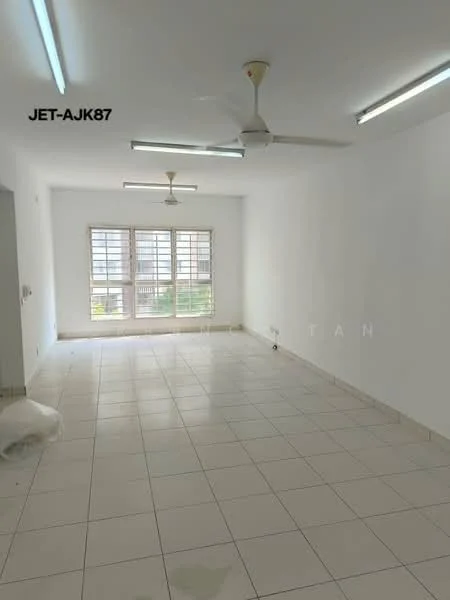 Room features: white painted walls, white ceiling, 2 ceiling fans, tile flooring, large windows with wooden frames, natural light from windows, light fixtures on ceiling, empty space; style: minimalist.