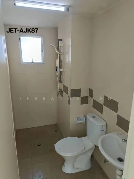 Bathroom features: white tiled walls, cream tiled flooring, one-piece toilet, sink with chrome faucet, shower with wall-mounted showerhead, window for natural light, towel rail, soap dispenser.