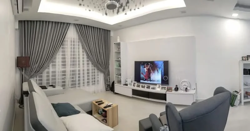 Living features: white painted walls, tray ceiling with recessed lighting, floor-to-ceiling windows with sheer curtains, grey fabric sofa, 2-seater sofa, wooden coffee table, TV console with decorative items, wall-mounted TV, area rug, decorative wall clock, built-in shelving unit, light fixture with hanging crystals; style: modern.