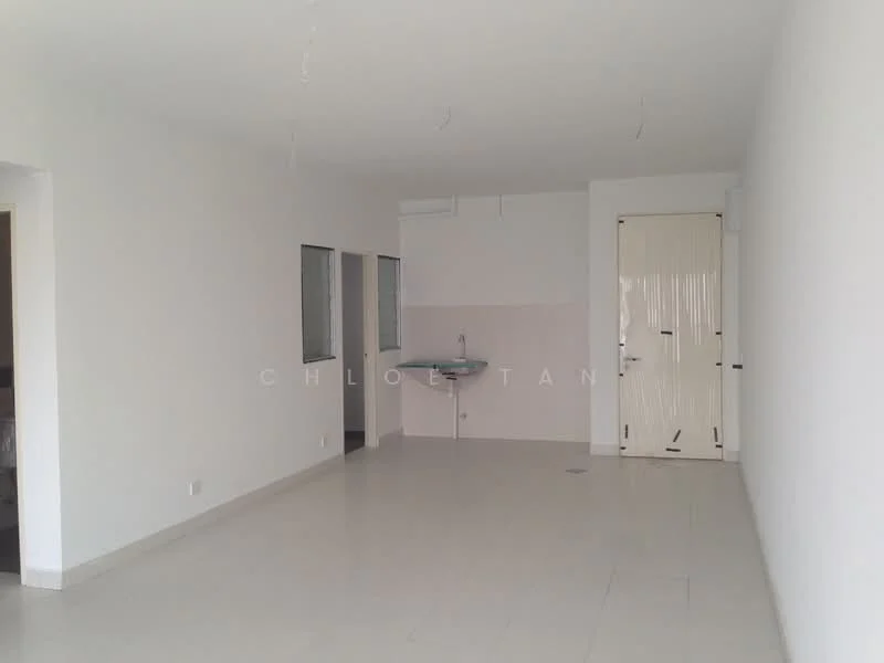 Room features: white painted walls, light-colored tile flooring, single-bowl sink, window with no treatments, plain door, no visible appliances, minimalist design, open layout; style: minimalist.