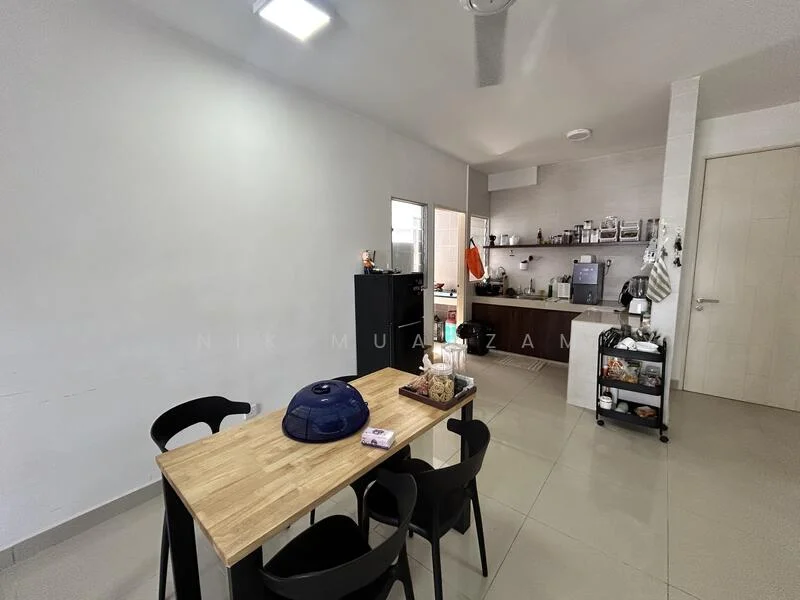 Kitchen features: white painted walls, tile flooring, ceiling fan, wooden dining table, black dining chairs, black fridge, stainless-steel sink, countertop with appliances, open shelving, kitchen cabinets; style: modern.