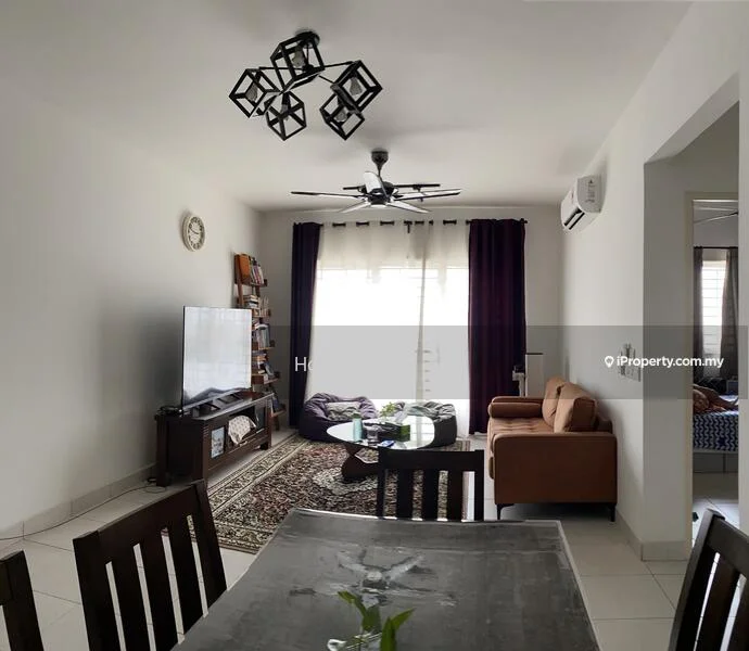 Living features: 3-seater fabric sofa in brown, coffee table, TV console, wall-mounted TV, area rug with geometric pattern, 5-blade ceiling fan with light, recessed downlights, floor-to-ceiling windows with sheer curtains, wooden bookshelf, decorative wall clock; style: modern. Dining features: 6-seater dining table, dark wooden dining chairs, decorative plant on table; style: modern.