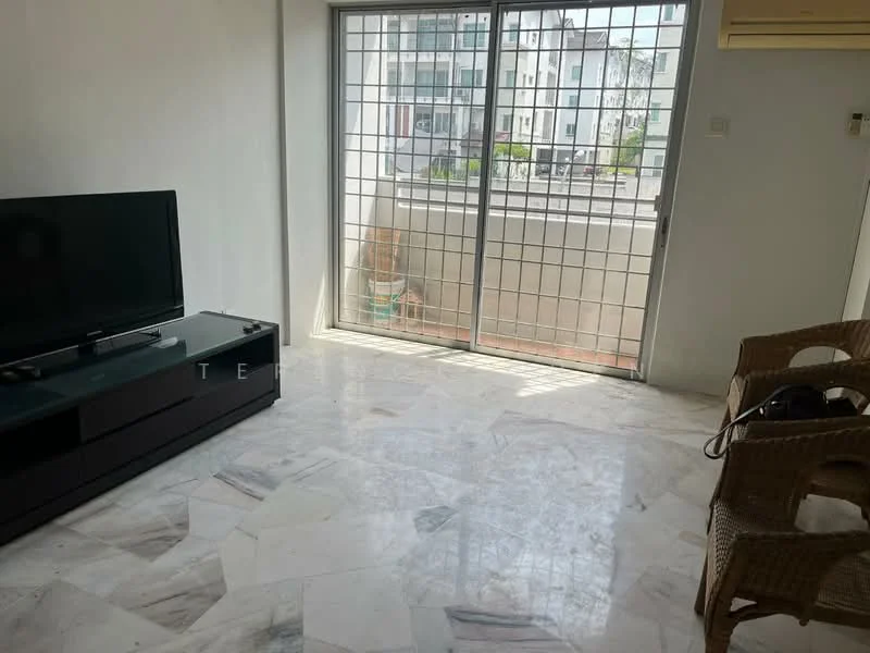 Living features: marble flooring, white painted walls, floor-to-ceiling windows, sliding glass door, TV console, wall-mounted TV, natural light, air conditioning unit; style: modern.