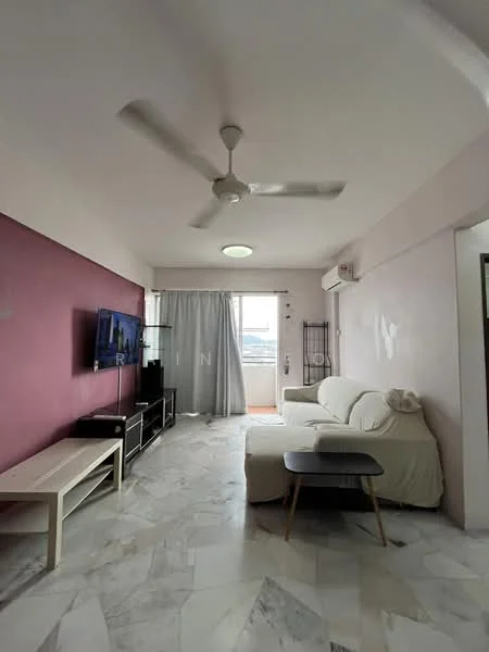 Living features: 3-seater fabric sofa in white, coffee table, TV console, wall-mounted TV, ceiling fan, marble flooring, grey accent wall, floor-to-ceiling window, curtains, air conditioning unit; style: modern; view: city.