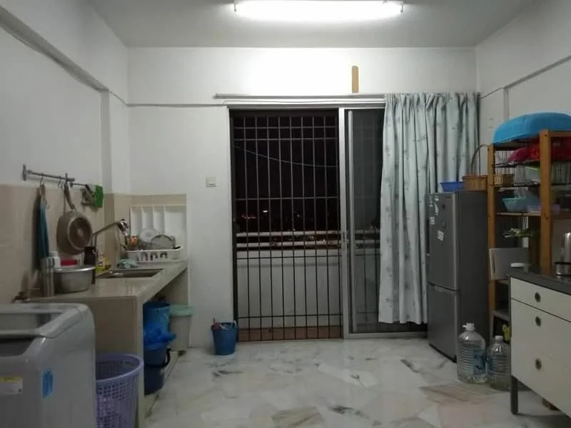 Kitchen features: white painted walls, marble flooring, single-bowl stainless-steel sink, chrome pull-down faucet, built-in cabinets, freestanding fridge, washing machine, sliding glass door, curtains, open shelving, countertop, baskets for storage.