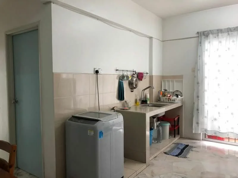 Kitchen features: single-bowl stainless-steel sink, chrome pull-down faucet, kitchen countertop, white tiled backsplash, built-in cabinetry, washing machine, window with sheer curtains, marble tile flooring, light-colored walls, hanging utensils rack; style: modern.