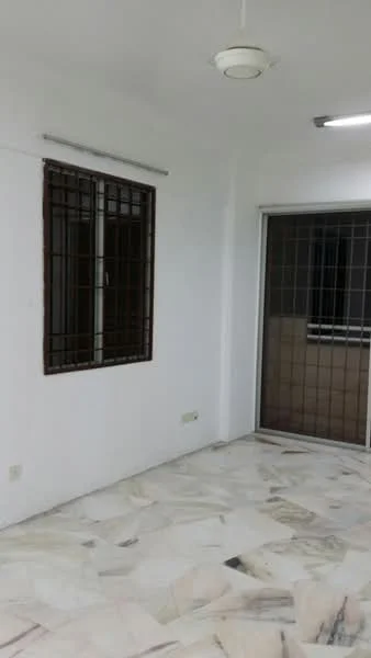 Room features: white painted walls, marble flooring, window with metal grille, sliding glass door, ceiling fan, recessed lighting.