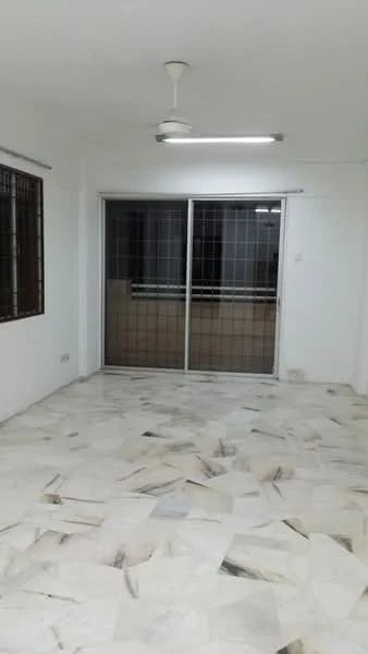 Room features: white painted walls, marble flooring, sliding glass door, ceiling fan, window with metal grille, LED ceiling lights; style: modern.