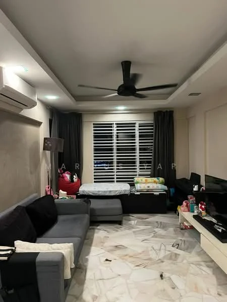 Living features: grey fabric 3-seater sofa, black fabric 2-seater sofa, coffee table, TV console, wall-mounted TV, marble flooring, ceiling fan with light, floor-to-ceiling windows, blackout curtains, decorative lamp, children's toys on the floor, wall-mounted air conditioning unit; style: modern.