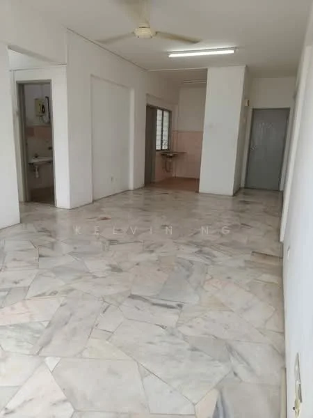 Room features: marble flooring, white painted walls, ceiling fan, window with natural light, doorway leading to another room, doorway leading to bathroom, kitchenette area visible, fluorescent ceiling lights; style: minimalist.