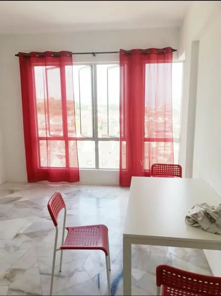 Dining features: white walls, marble flooring, large windows with city view, red sheer curtains, white dining table, 4 red plastic chairs; style: modern; view: city.