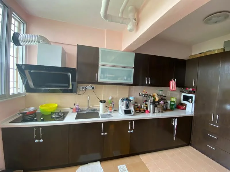 Kitchen features: dark wood cabinetry, white countertop, single-bowl stainless-steel sink, chrome pull-down faucet, built-in oven, stainless-steel range hood, ceramic tile flooring, wall-mounted microwave, kitchen appliances visible, window with grid design, exposed ductwork, open shelving, various kitchen utensils and containers; style: modern.
