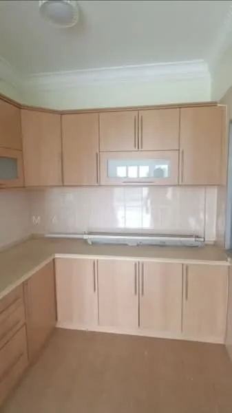 Kitchen features: light wood cabinetry, flat-panel cabinets, countertop with beige surface, tile backsplash, single-bowl stainless-steel sink, chrome faucet, built-in oven space, window above sink, recessed ceiling lights, cream painted walls, laminate flooring; style: modern.