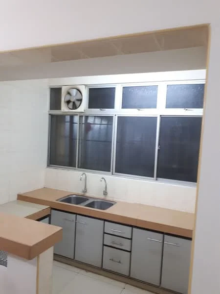 Kitchen features: double-bowl stainless-steel sink, chrome pull-down faucet, laminate countertop in beige, grey cabinetry with flat-panel doors, built-in cabinets, tile backsplash, window with metal frame, exhaust fan, ceramic tile flooring, recessed lighting; style: modern.