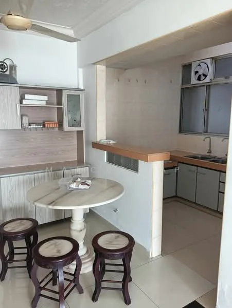 Kitchen features: marble dining table, wooden stools, kitchen countertop, stainless-steel sink, wall-mounted kitchen cabinets, tile backsplash, built-in kitchen appliances, floor tiles, ceiling fan; style: modern.