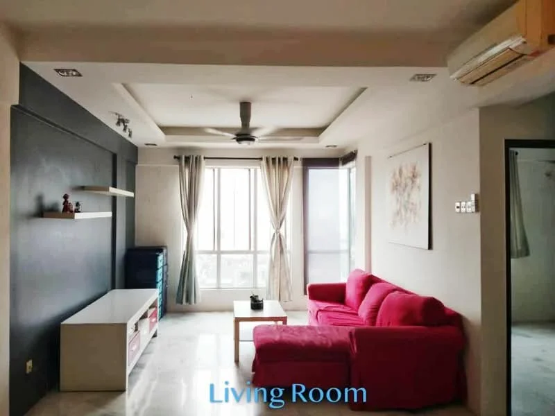 Living features: pink fabric sofa, coffee table, TV console, wall-mounted TV, marble flooring, tray ceiling, 5-blade ceiling fan, floor-to-ceiling windows, sheer curtains, decorative artwork, built-in shelving, recessed downlights; style: modern; view: city.