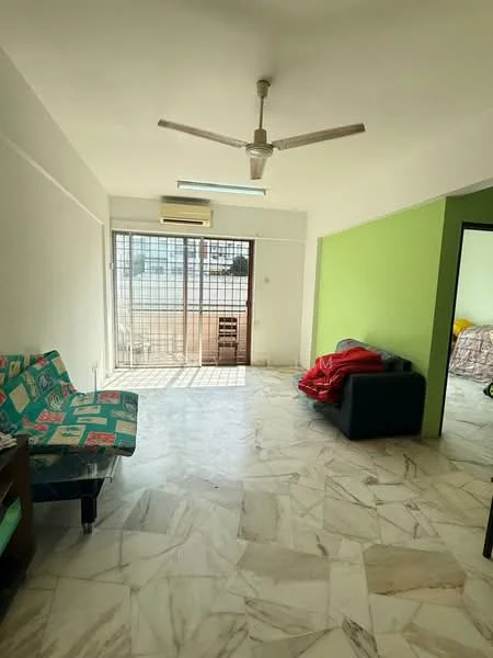 Living features: marble flooring, white painted walls, green accent wall, 5-blade ceiling fan, floor-to-ceiling windows, sliding glass door, sofa in dark color, 2-seater fabric sofa with colorful pattern, natural light from windows, curtains, air conditioning unit; style: modern; view: city.