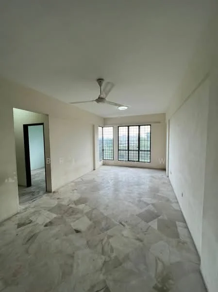 Living features: marble flooring, white painted walls, ceiling fan, large windows, natural light, neutral color scheme, open layout, corner room; style: modern. Room features: white painted walls, doorway to adjacent room, neutral color scheme.